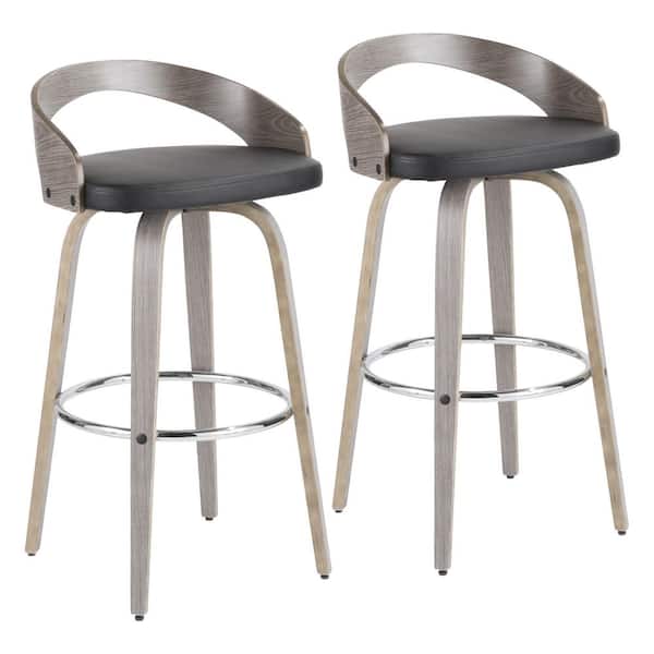 Lumisource Grotto 35.25 in. Black Faux Leather and Light Grey Wood Low Back Bar Height Stool with Round Chrome Footrest (Set of 2)