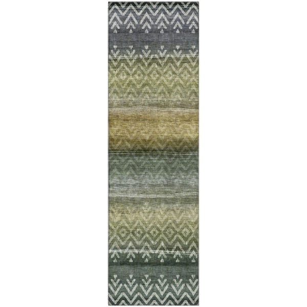 Mayfield Premium Machine Washable Abstract AMF2042 Green 2 ft. x 7 ft. Runner Rug