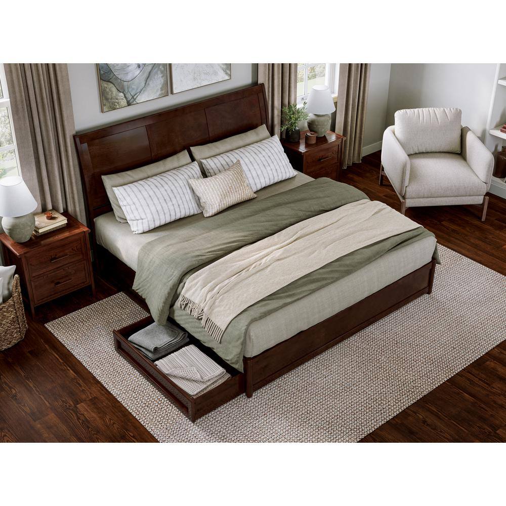 Walnut King Platform Bed with Storage Drawers and Wood Headboard