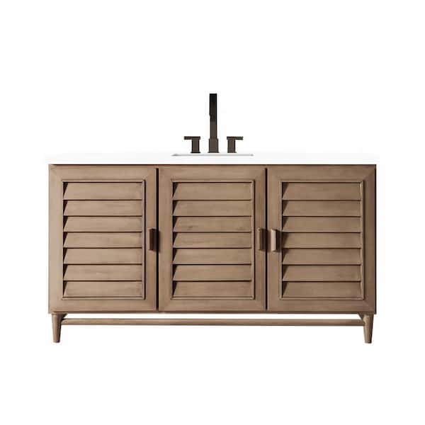 James Martin Vanities Portland 60.0 in. W x 23.5 in. D x 34.3 in. H Bathroom Vanity in Whitewashed Walnut with White Zeus Quartz Top