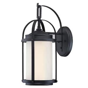 Grandview 1-Light Matte Black Outdoor Wall Mount Lantern with Frosted Glass