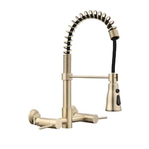 Double Handle Wall-Mounted Sprayer Kitchen Faucet with Pull-Down 3 Functions Bridge Kitchen Faucets in Brushed Gold