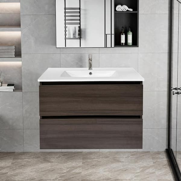ANGELES HOME 30 in. W x 18 in. D x 23 in. H Wall-mounted Bath Vanity in Black Walnut with White Ceramic Top
