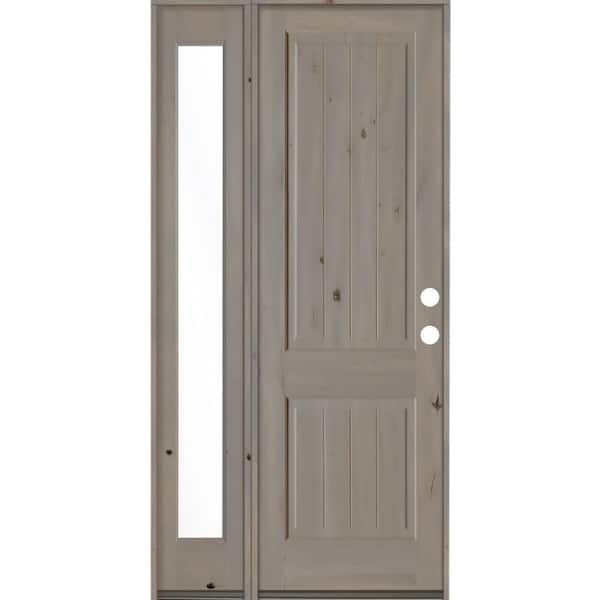Krosswood Doors 46 in. x 96 in. Rustic Knotty Alder 2 Panel Left-Hand/Inswing Clear Glass Grey Stain Wood Prehung Front Door w/Sidelite