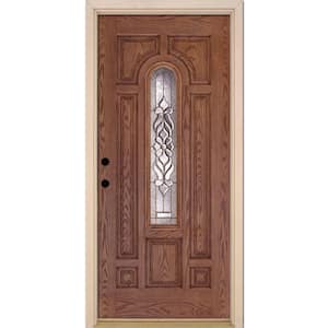 37.5 in. x 81.625 in. Lakewood Brass Center Arch Lite Stained Medium Oak Right-Hand Fiberglass Prehung Front Door