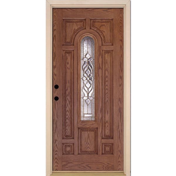 Feather River Doors 37.5 in. x 81.625 in. Lakewood Brass Center Arch Lite Stained Medium Oak Right-Hand Fiberglass Prehung Front Door