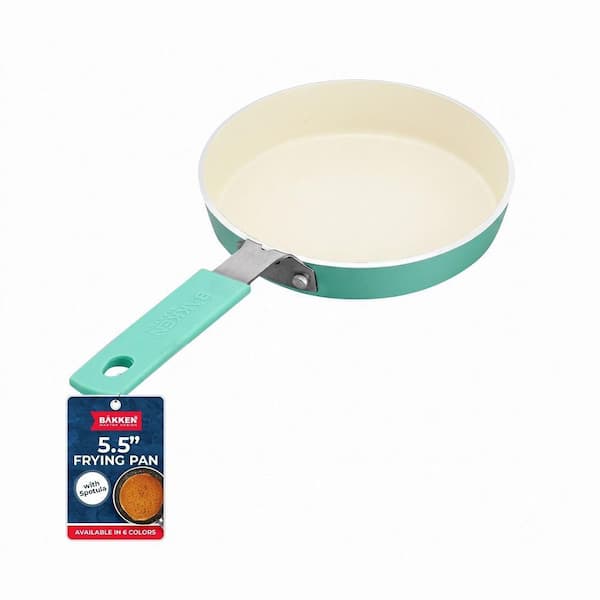 5.5 in. Aqua Aluminum Non-Stick Mini Egg Frying Pan 2-Piece Set with Spatula for Compact Breakfast Cooking