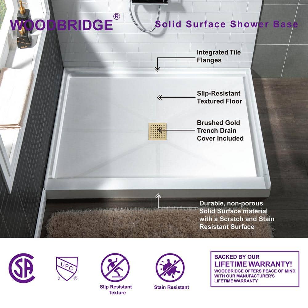 36" White Solid Surface Shower Pan Base with Brushed Gold Drain Cover