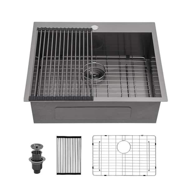 LORDEAR 25 in. Gunmetal Black Single Bowl Workstation 16-Gauge Stainless Steel Drop-In Kitchen Sink with Accessories