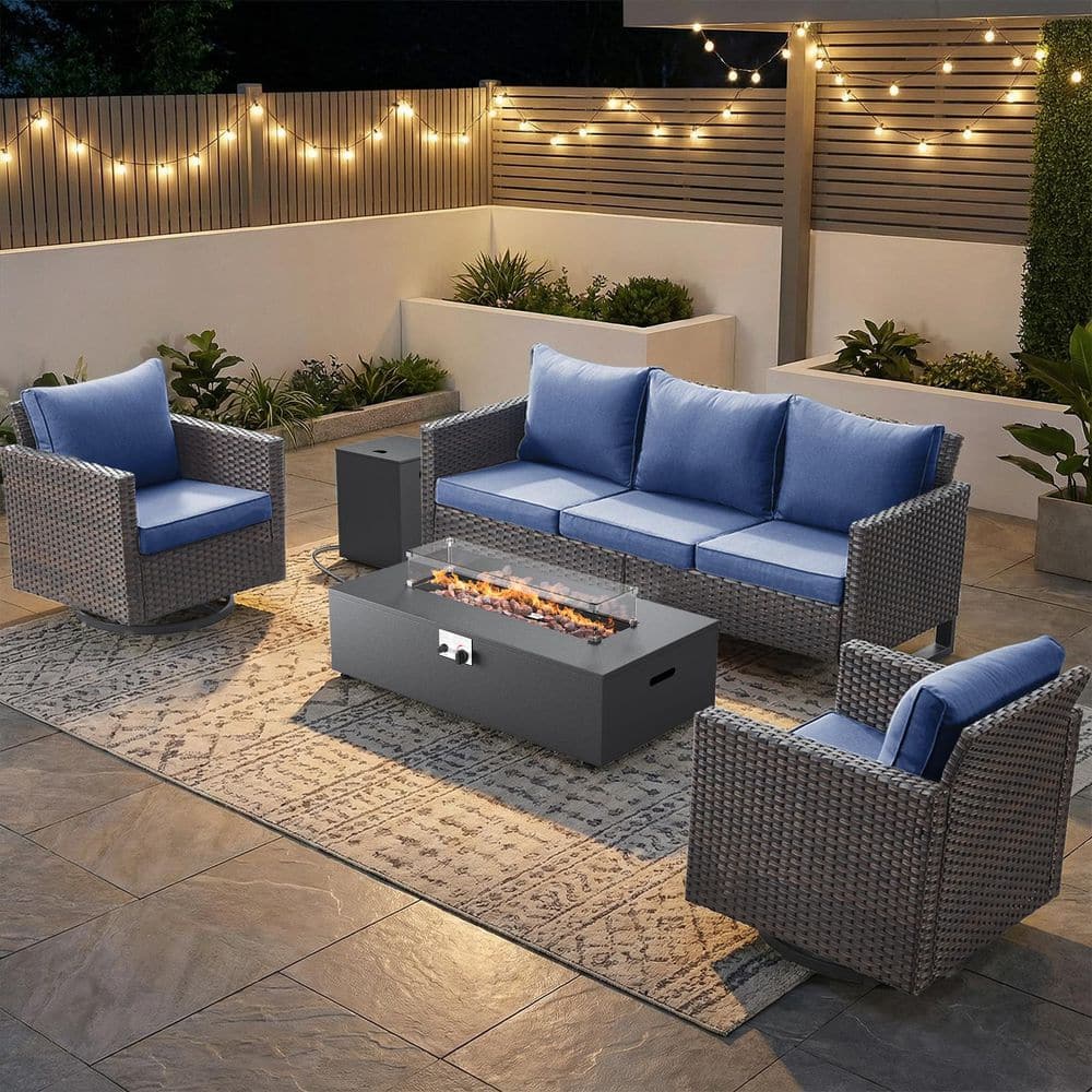 U-Frame 5-Piece Brown Wicker Fire Pit Conversation Set with Olefin Blue Cushions and Couch/ Patio Swivel Chairs price history on PriceWatchPro