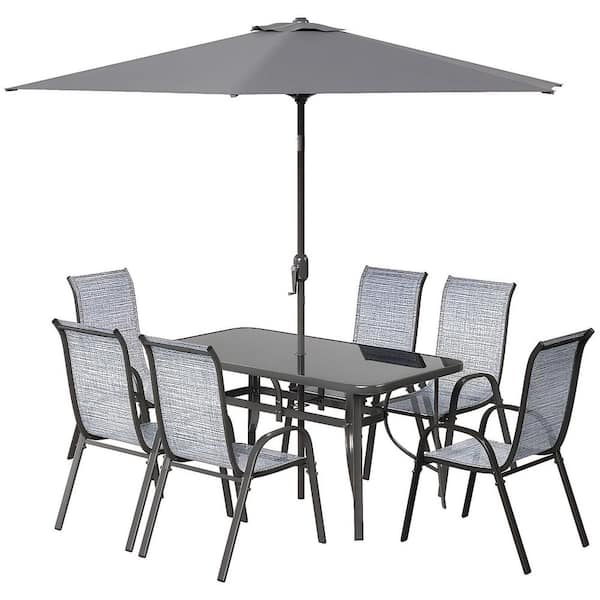 8 pc metal glass top patio table set with umbrella 8-Piece Gray Metal Outdoor Dining Table and Chairs Set, Conversation Set  with Umbrella, Tempered Glass Tabletop io-927