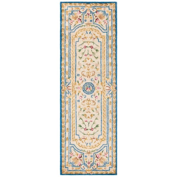 Savonnerie 3 ft. x 8 ft. Blue/Ivory Floral Border Runner Rug