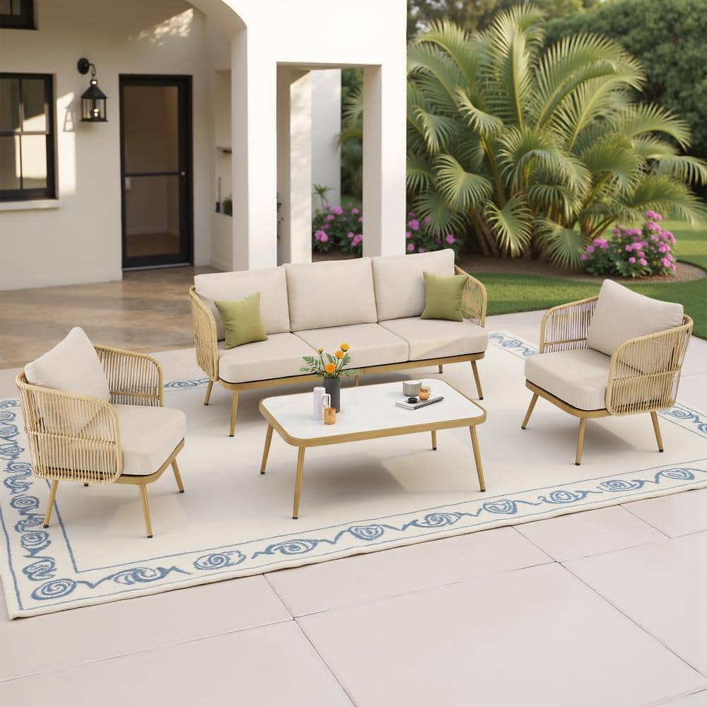 4-Piece Wicker Patio Conversation Set Outdoor Rope Sofa Set with Beige Cushions price history on PriceWatchPro