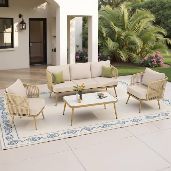 4-Piece Wicker Patio Conversation Set Outdoor Rope Sofa Set with Beige Cushions