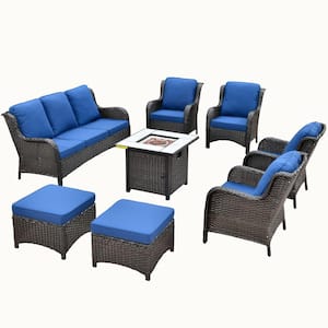 Erie Lake Brown 8-Piece Wicker Outdoor Patio Fire Pit Seating Sofa Set and with Navy Blue Cushions