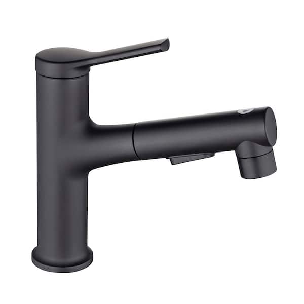 Mondawe Mondawell Pull Out Swivel Single Handle Single Hole Low Arc Bathroom Faucet with Pull Out Sprayer in Matte Black