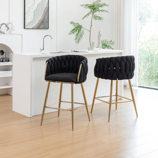 Fox Black Boucle Teddy Fabric Counter Height Stool (Set of 2) with Gold Chrome Plated Legs