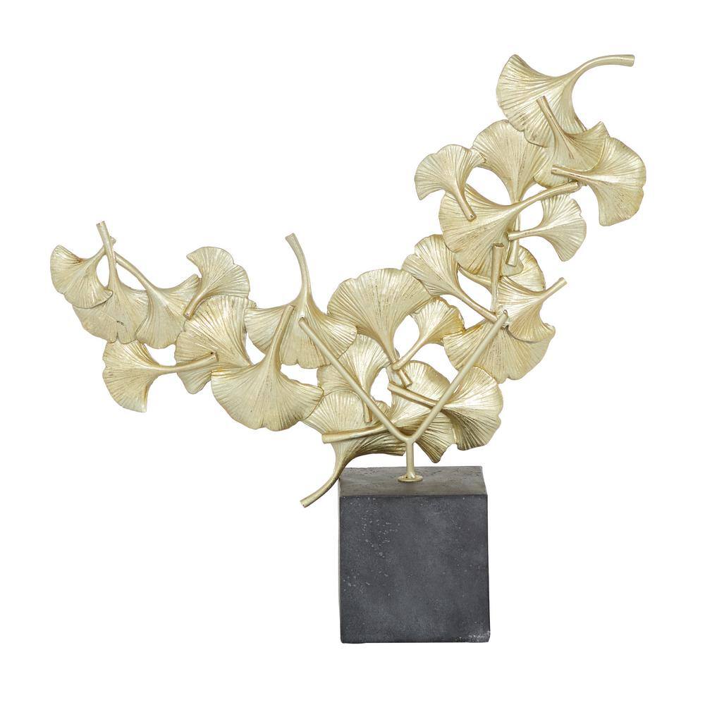 Gold Resin Floral Sculpture with Black Base, 17" Height