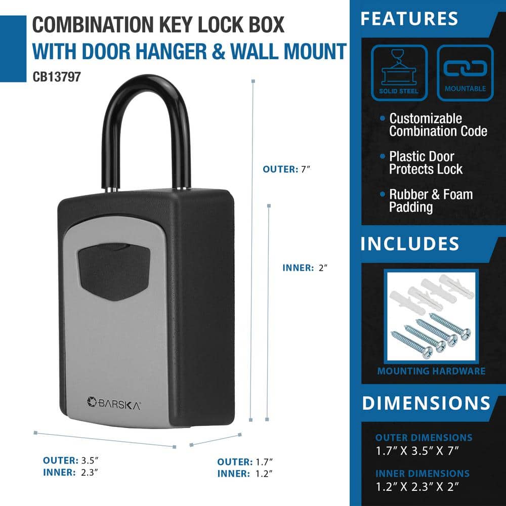 Gray and Black Steel Combination Key Lock Box with Door Hanger