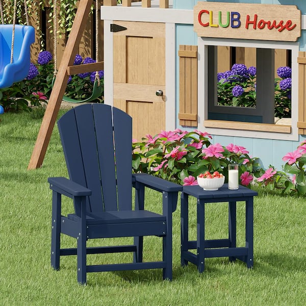 Children's Laguna Outdoor Patio All Weather Plastic Kids 2-Piece Adirondack Chair with Side Table in Navy Blue