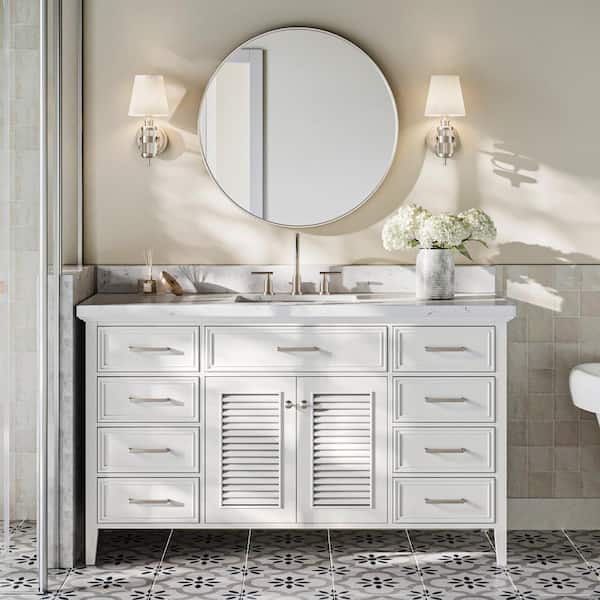 ARIEL Kensington 60.25 in. W x 22 in. D x 36 in. H Double Sink Freestanding Bath Vanity in White with Carrara White Quartz Top