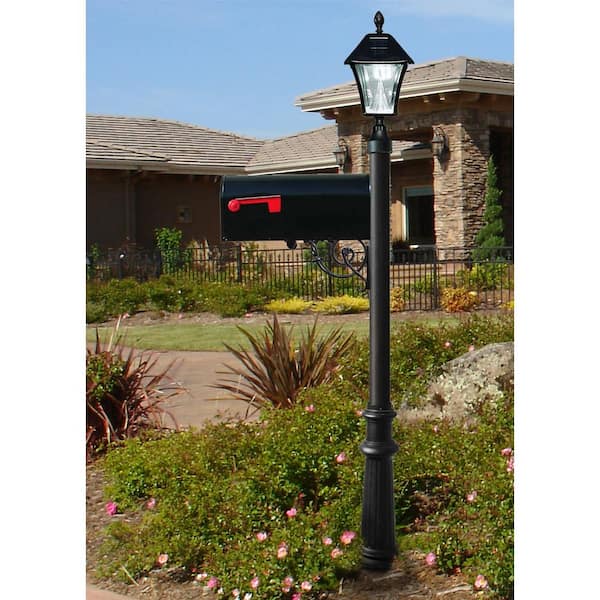 Lewiston Mailbox Collection Post with Economy #1 Mailbox, Fluted Base and Solar Lamp in Black