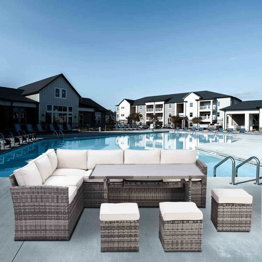 Modern 7-Piece Grey PE Rattan Wicker and Steel Frame Patio Conversation Set