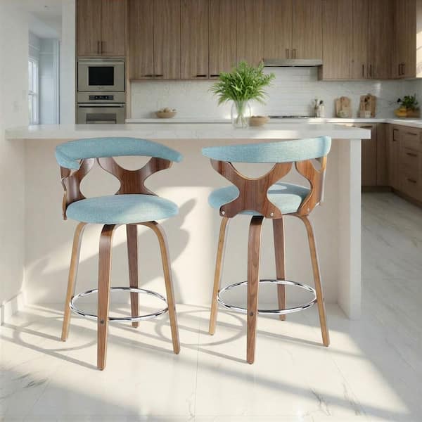 Gardenia 34.25 in. Teal Fabric, Walnut Wood and Chrome Metal Fixed-Height Counter Stool with Round Footrest (Set of 2)