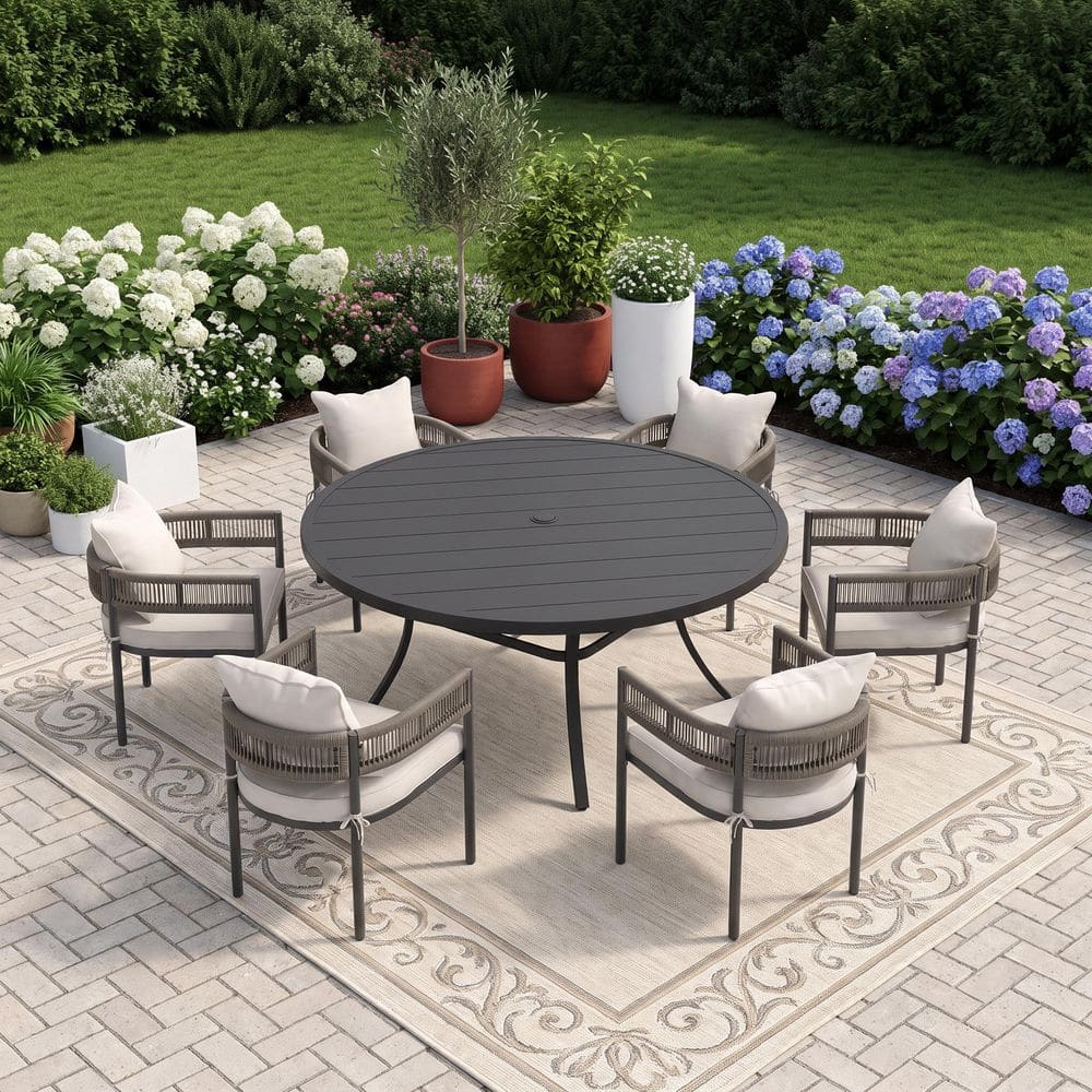 7-Piece Metal Outdoor Dining Set with 50 in. Black Round Table and 6 Gray Woven Rope Chairs with Cushions in White price history on PriceWatchPro