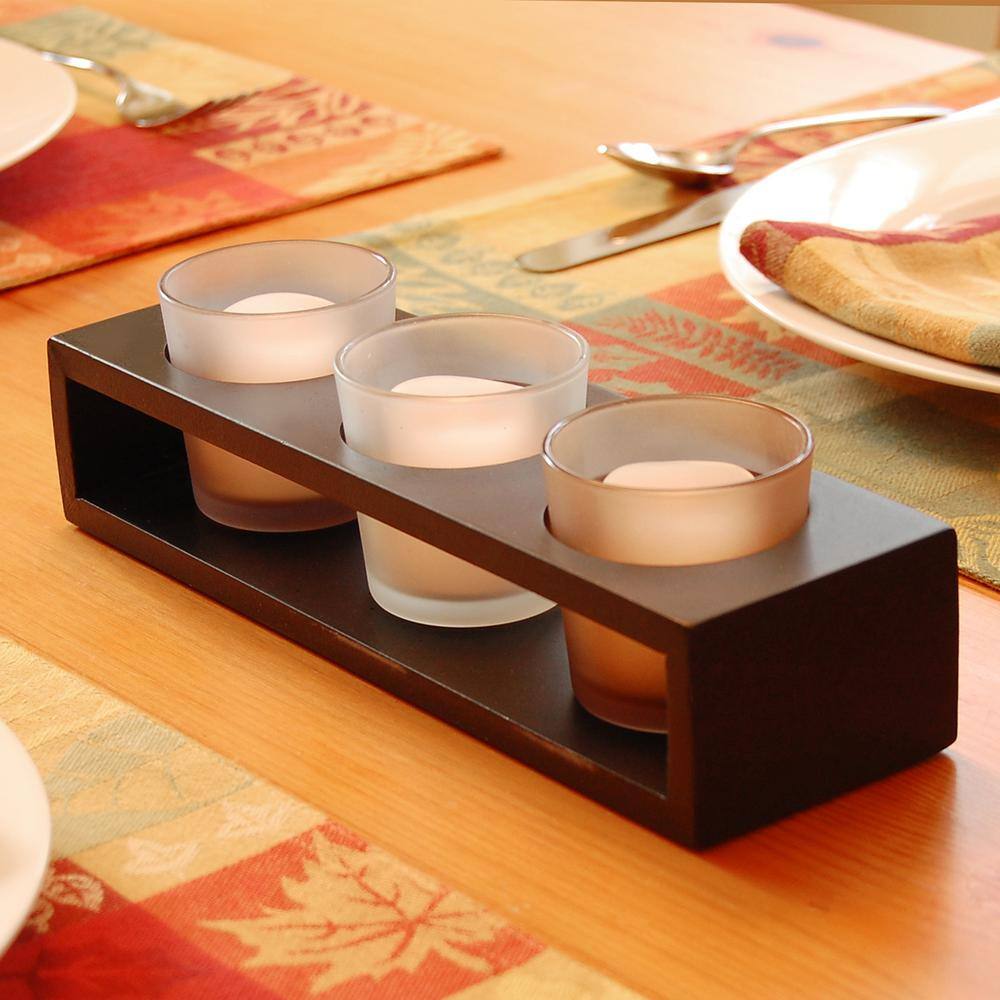 Contemporary Warm Black Wooden Tray with 3 Frosted Glass Candleholders