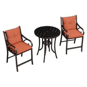Modern 3-Piece Cast Aluminum Outdoor Bistro Set with Back and Arm Brick Red Cushion Counter Height Metal Bar Chairs