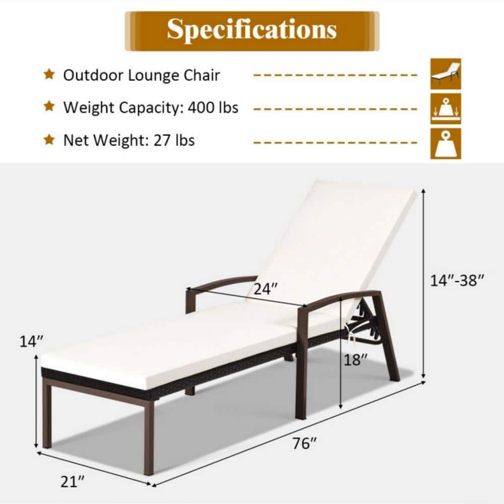 Beige Steel and Rattan Outdoor Chaise Lounge with Cushions