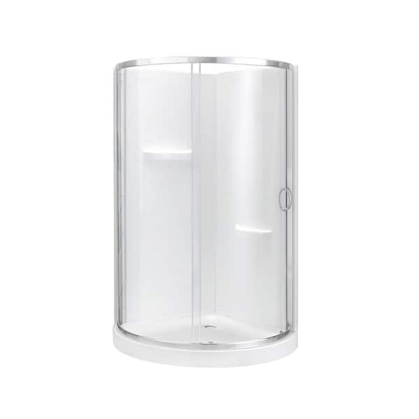 Breeze 34 in. L x 34 in. W x 77.36 in. H Corner Shower Kit with Clear Framed Sliding Door in Satin Nickel