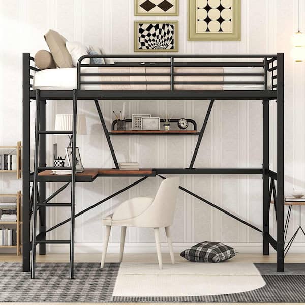 Polibi Full Size Loft Metal and MDF Bed with Desk and Shelf, Black