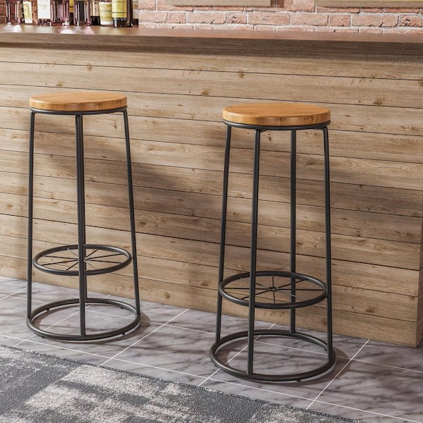 Cera 33 in. Warm Oak Round Bar Height Stool (Set of 2)