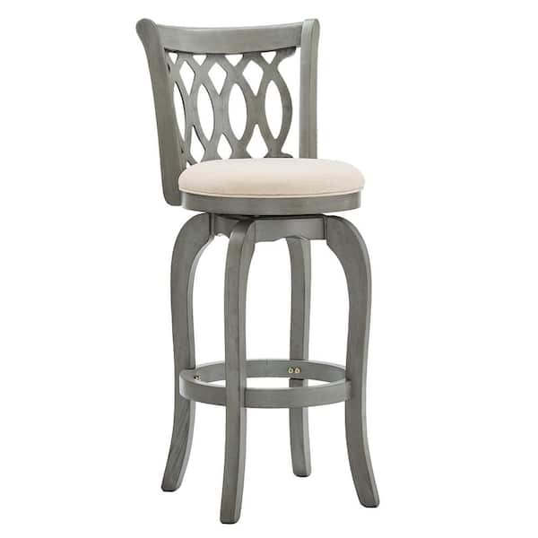 HomeSullivan 30 in. Antique Grey Finish Beige Linen Scroll Back Wood Frame Swivel Bar Stool
