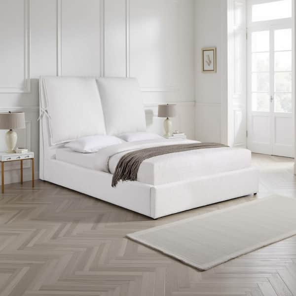 Benjara Dole White Wood Frame King Size Platform Bed with Headboard