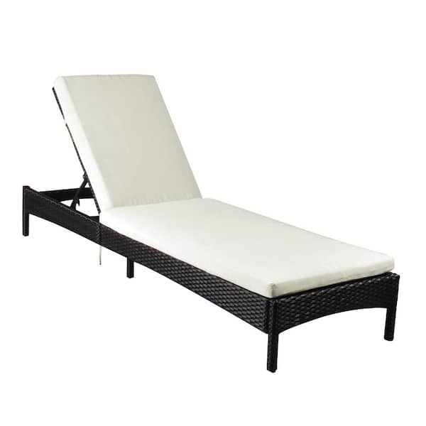 Zeus & Ruta Adjustable Wicker Outdoor Chaise Lounge Patio Poolside Reclining Folding Backrest Lounge Chair with Beige Cushions