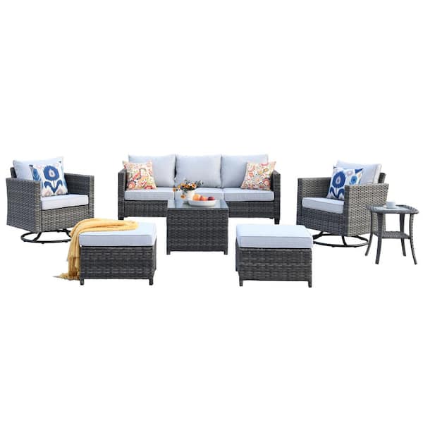 New Vultros Gray 7-Piece Wicker Outdoor Patio Conversation Set with Gray Cushions and Swivel Rocking Chairs