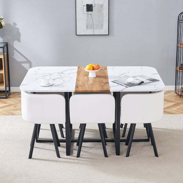 7-Piece Rectangular White Wood Top Dining Table Set Seats 6 with 6 PU Leather Chairs