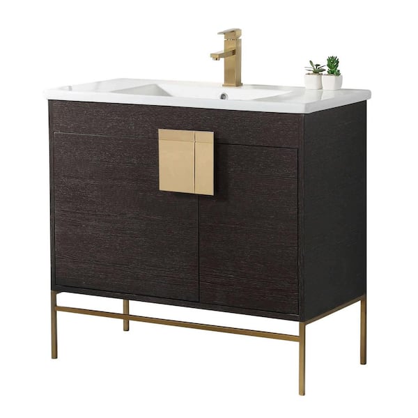 FINE FIXTURES Shawbridge 36 in. W x 18.11 in. D x 33.5 in. H Bath Vanity in Black Oak Straight Grain with White Ceramic Vanity Top