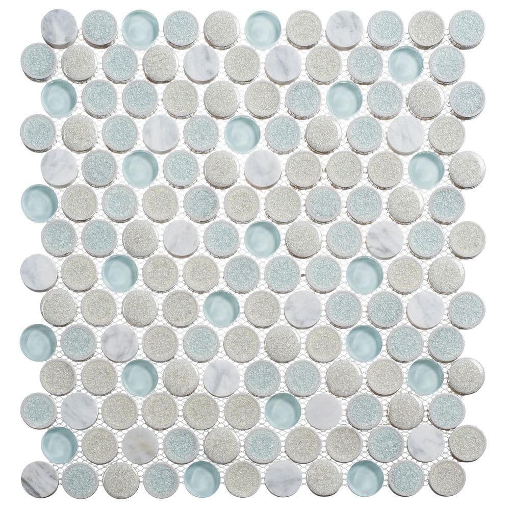 Polka Retro Blue 1-in. Penny Round Glass, Ceramic and Natural Stone Wall an