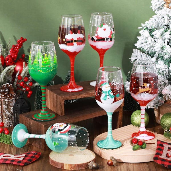 Wudkey 14.9 oz. Christmas Wine Glasses (Set of 6) Painted Xmas Wine Glass Gift Winter Wine Glassware for Party Wedding Holiday