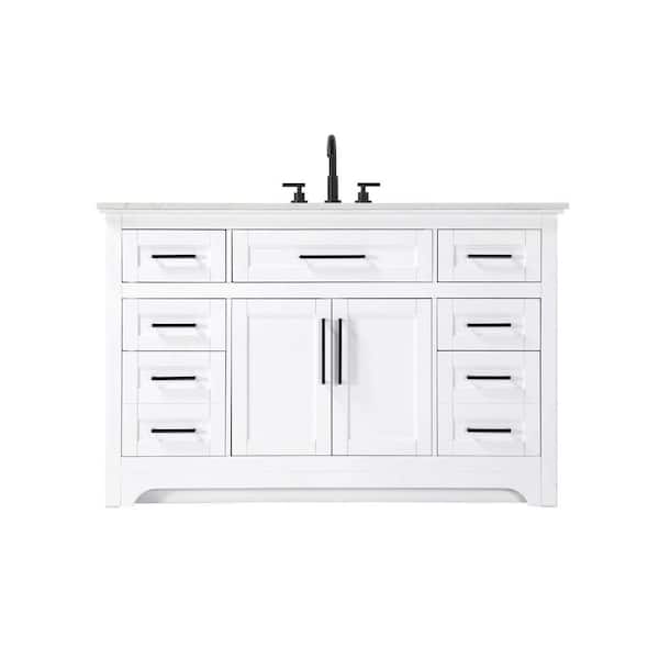 54 in. Single Sink Freestanding White Bath Vanity with Marble White Engineered Marble Top