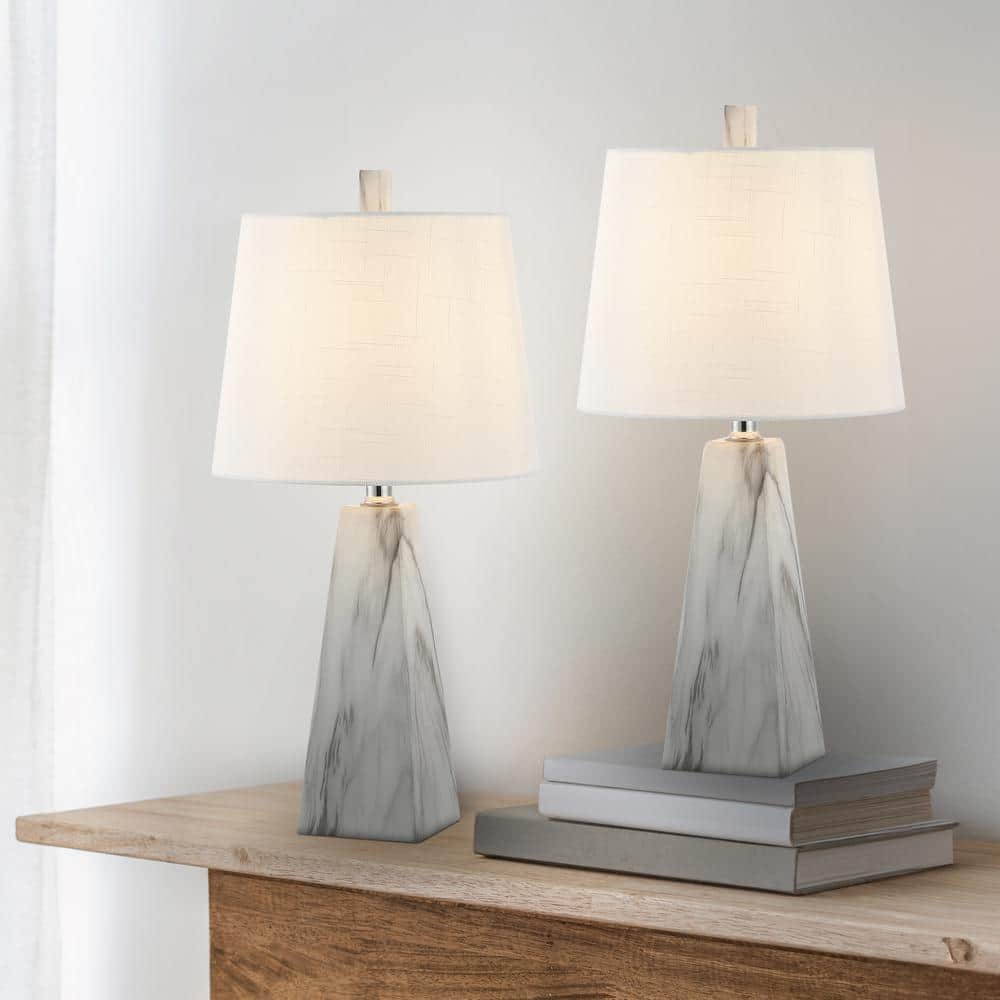 Owen 20.5" White Marble Finish Resin Table Lamp Set with Linen Shade