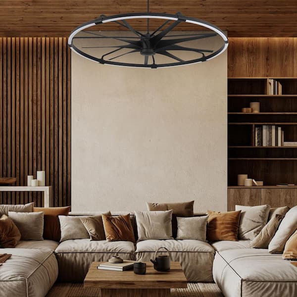 72 in. Black, Flat Black Blades Downrod Mount Damp Windmill Outdoor Ceiling Fan Adj. Integrated LED and Control Included