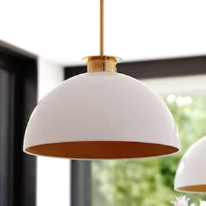 Devon 1-Light White and Gold Satin Brass LED Compatible Glossy Mid-Century Modern Pendant Light