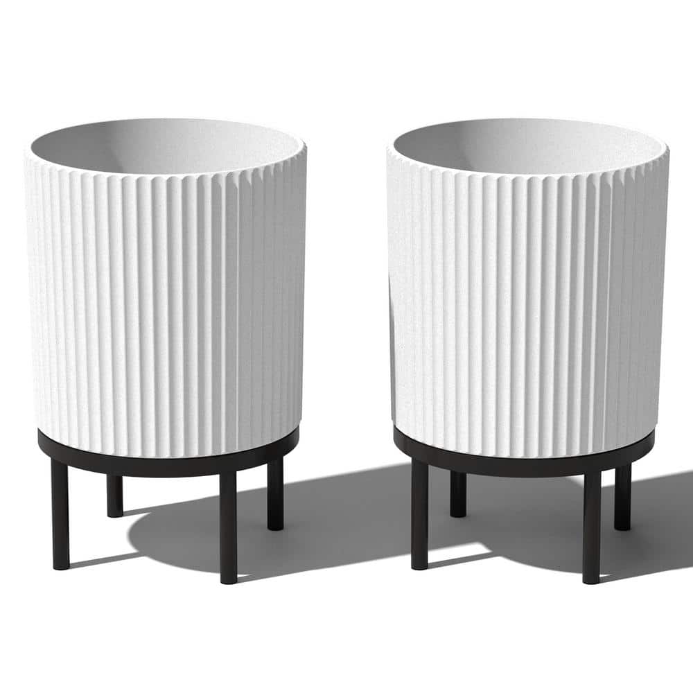 White and Black Concrete-Composite Planter with Acacia Stand, 16" - Set of 2