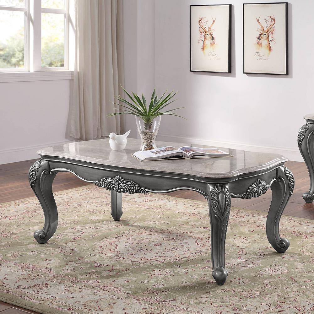Platinum Gray Rectangular Marble Top Wooden Coffee Table