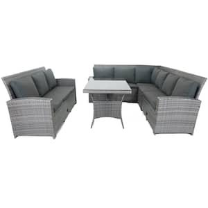 Gray 5-Piece Wicker Outdoor Sectional Set with Dark Gray Cushions